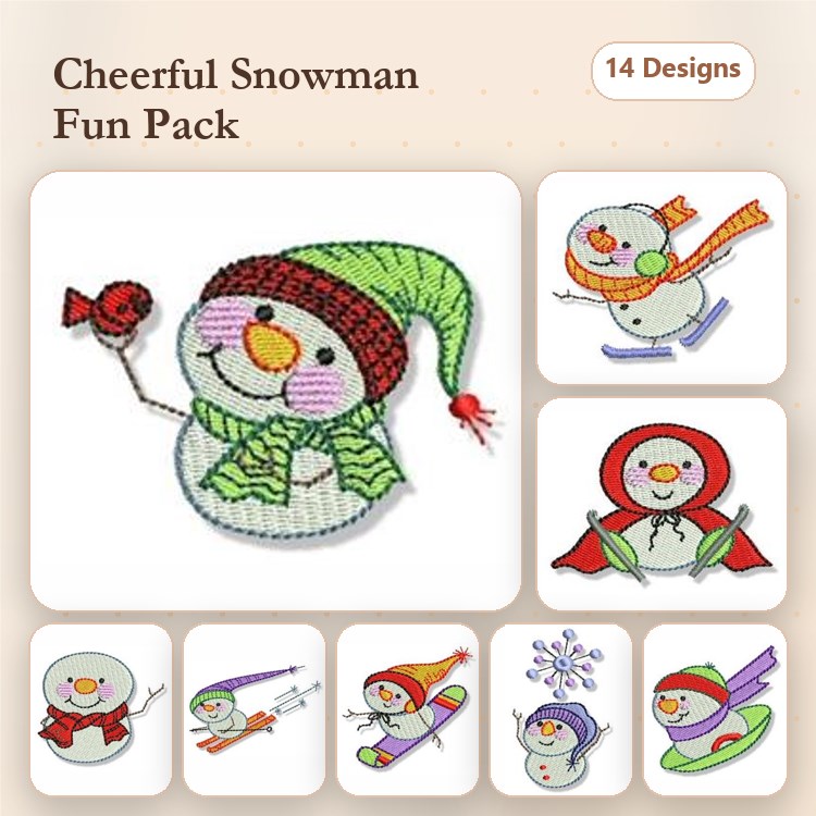 Cheerful Snowman Embroidery Designs Bundle – Snowman with Scarf and Hat, Snowman on Skis, & More (14 Designs)