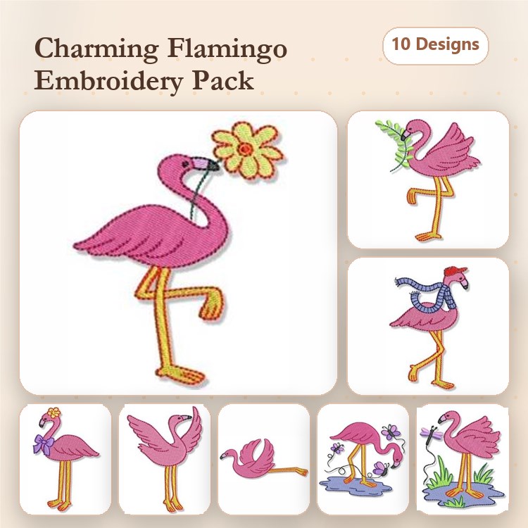 Flamingo Embroidery Designs Bundle – Flamingo with Flower, Dancing Flamingo, Pink Flamingo & More (10 Designs)