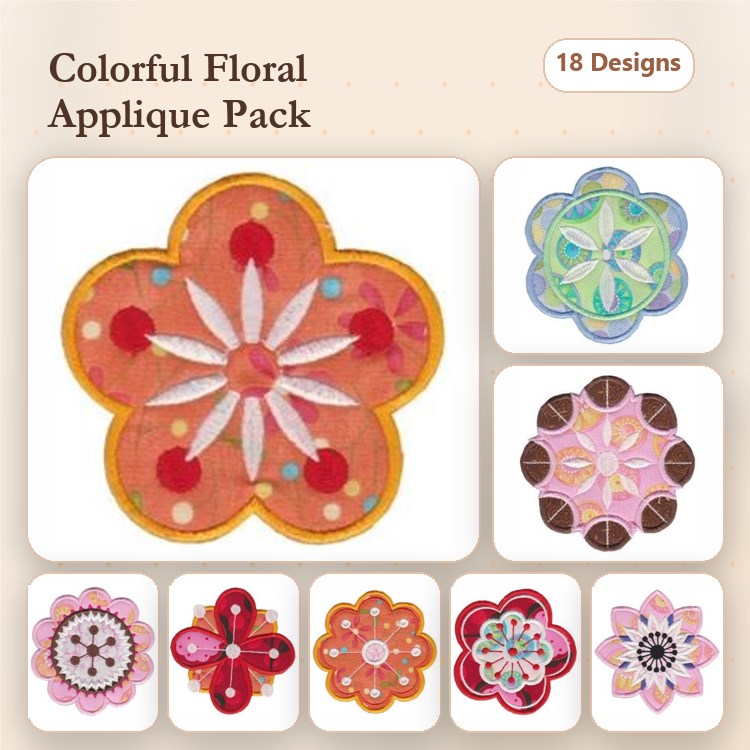Applique Colorful Floral Embroidery Designs Bundle – Unique Patterns & More (18 Designs)