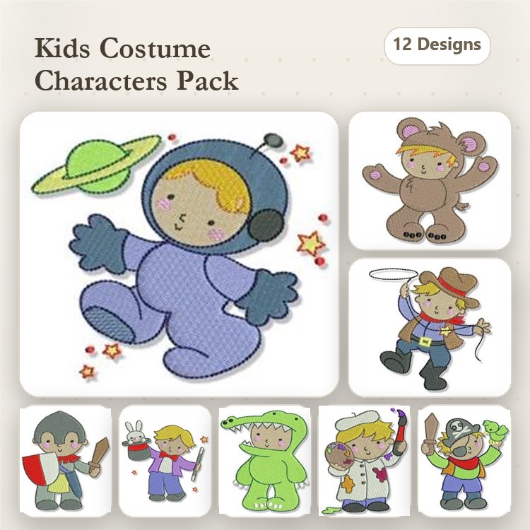 Kids Costume Characters Embroidery Designs Bundle – Astronaut Kid, Bear Kid, Cowboy Kid & More (12 Designs)