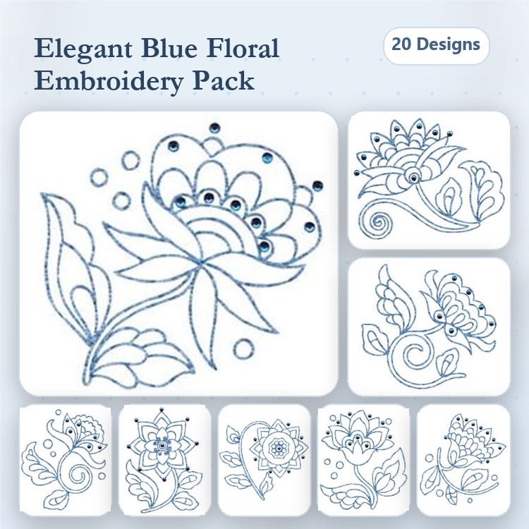 Redwork Elegant Floral Embroidery Designs Bundle – Unique Floral Shapes & More (20 Designs)