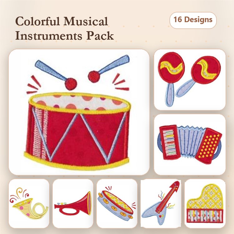 Applique Colorful Musical Instruments Embroidery Designs Bundle – Drum, Maracas, Accordion & More (16 Designs)