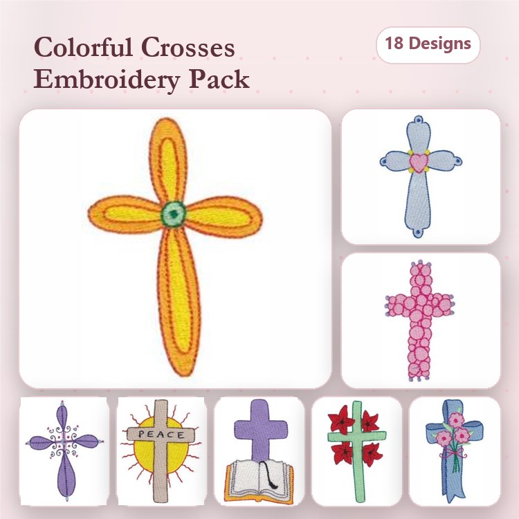 Colorful Crosses Embroidery Designs Bundle – Sunflower Cross, Floral Cross, Peace Cross & More (18 Designs)