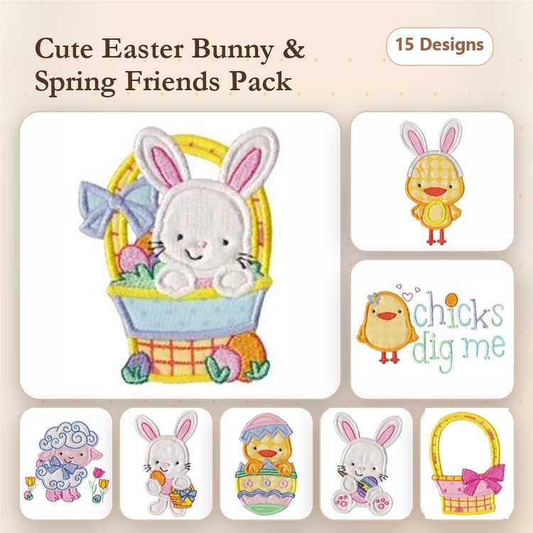 Applique Easter Characters Embroidery Designs Bundle – Easter Bunny, Chick, Sheep, Duck & More (15 Designs)