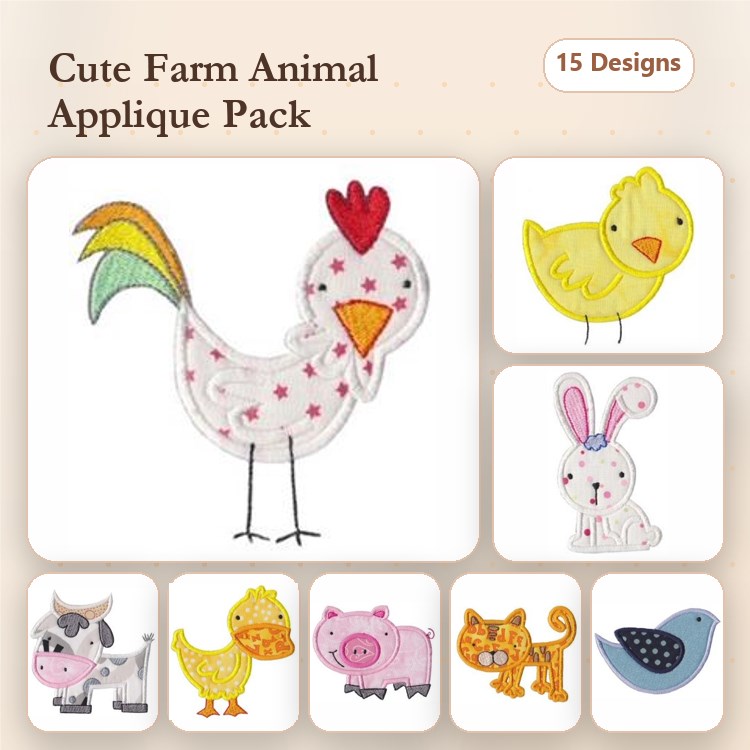 Applique Cute Farm Animals Embroidery Bundle – Rooster, Chick, Bunny, Cow & More (15 Designs)