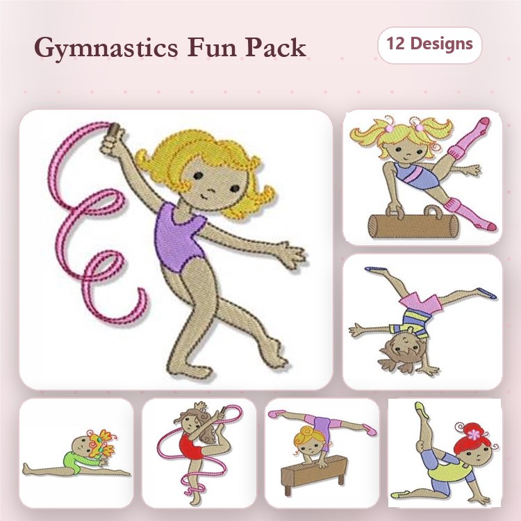 Gymnastics Figures Embroidery Designs Bundle – Girl with Hula Hoop, Girl on Balance Beam, Girl with Ribbon & More (12 Designs)
