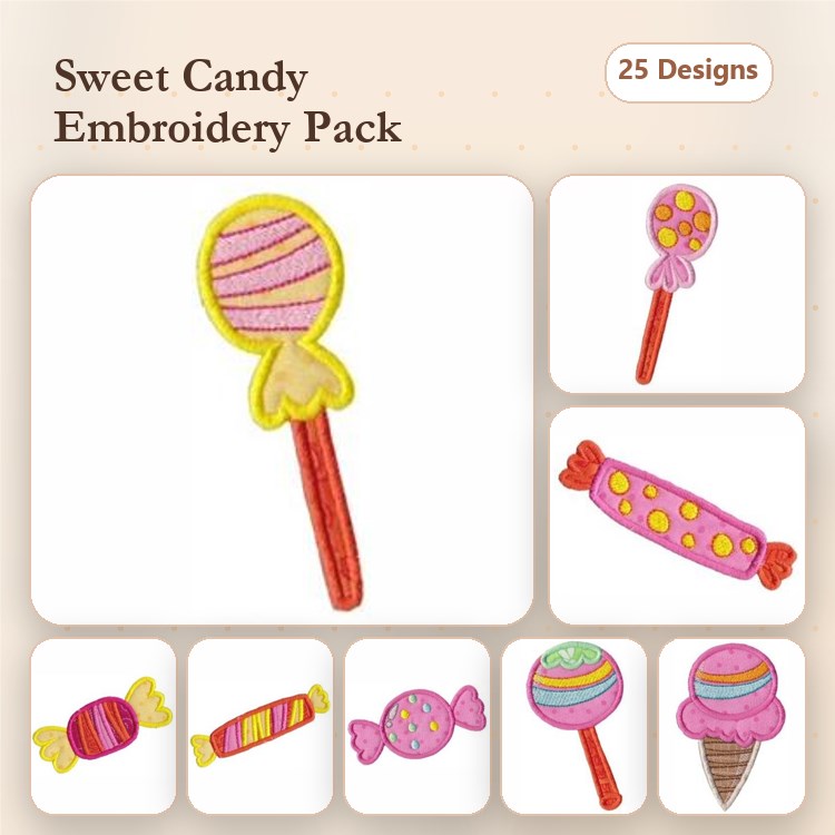 Applique Candy Embroidery Bundle – Lollipop with Stripes, Wrapped Candy, Ice Cream Cone & More (25 Designs)