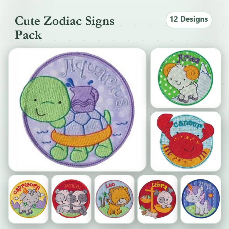 Zodiac Animal Embroidery Bundle – Cute Zodiac Signs (12 Designs)