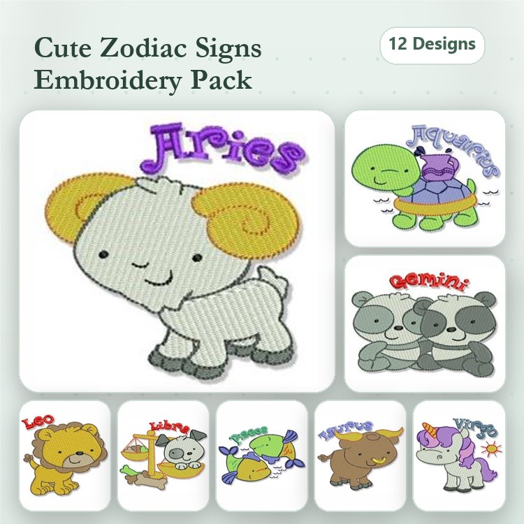 Zodiac Animals Embroidery Bundle – Leo, Libra, Pisces & More (12 Designs)