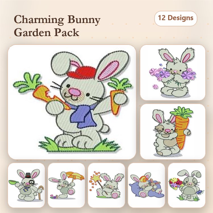 Bunny Gardening Embroidery Designs Bundle – Bunny with Carrot, Bunny in Garden, Bunny with Watering Can & More (12 Designs)