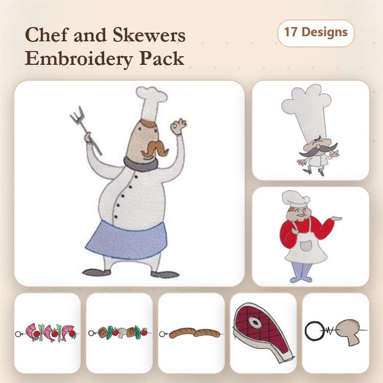 Chef Embroidery Designs Bundle – Chef with Fork, Chef with Heart, Grilled Skewers & More (17 Designs)