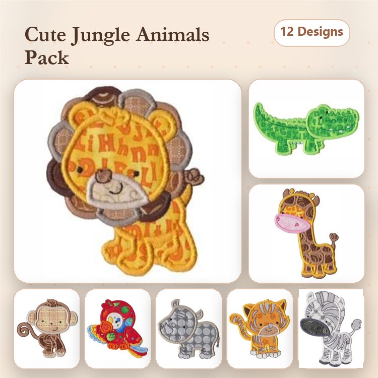 Applique Cute Jungle Animals Embroidery Bundle – Lion with Letters, Crocodile, Giraffe, Monkey & More (12 Designs)