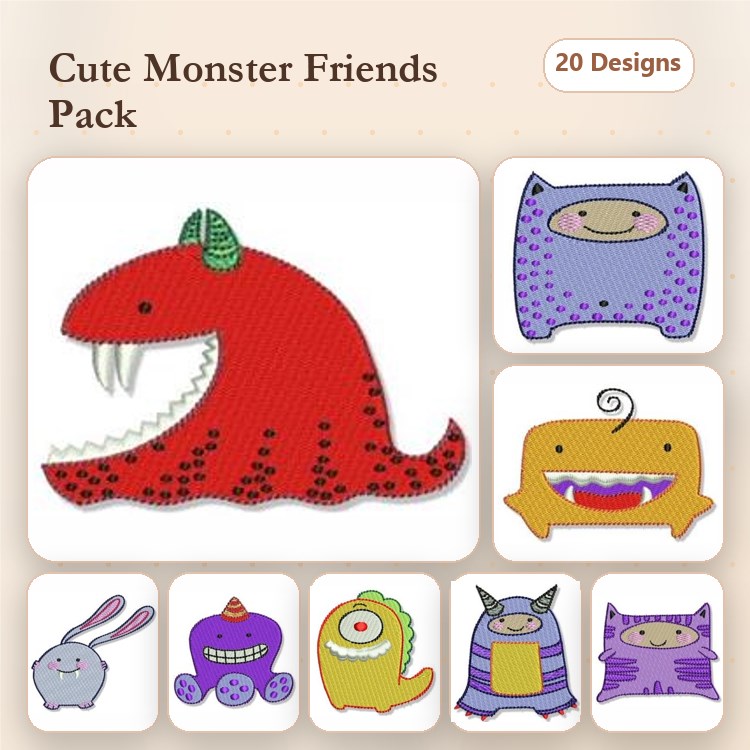 Cute Monster Embroidery Bundle – Red Monster, Purple Monster, Yellow Monster & More (20 Designs)