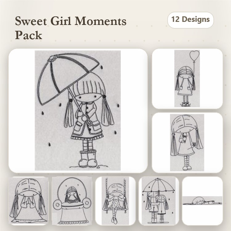 Redwork Sweet Girl Embroidery Designs Bundle – Girl with Umbrella, Girl with Heart, Girl in Raincoat & More (12 Designs)