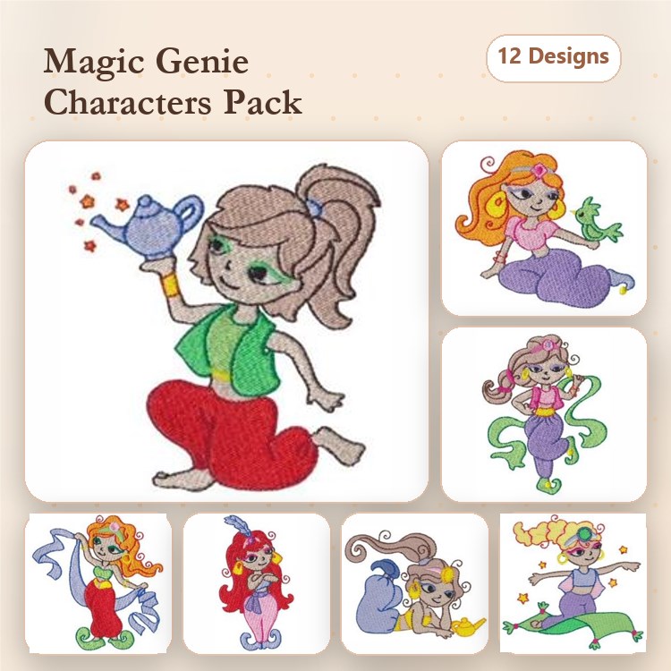 Genie Girl Embroidery Designs Bundle – Holding Teapot, Green Dragon, Pink Dress & More (12 Designs)
