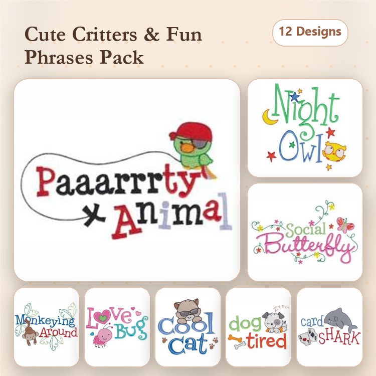 Party Animal & Night Owl Embroidery Bundle – Fun and Whimsical Designs (12 Designs)