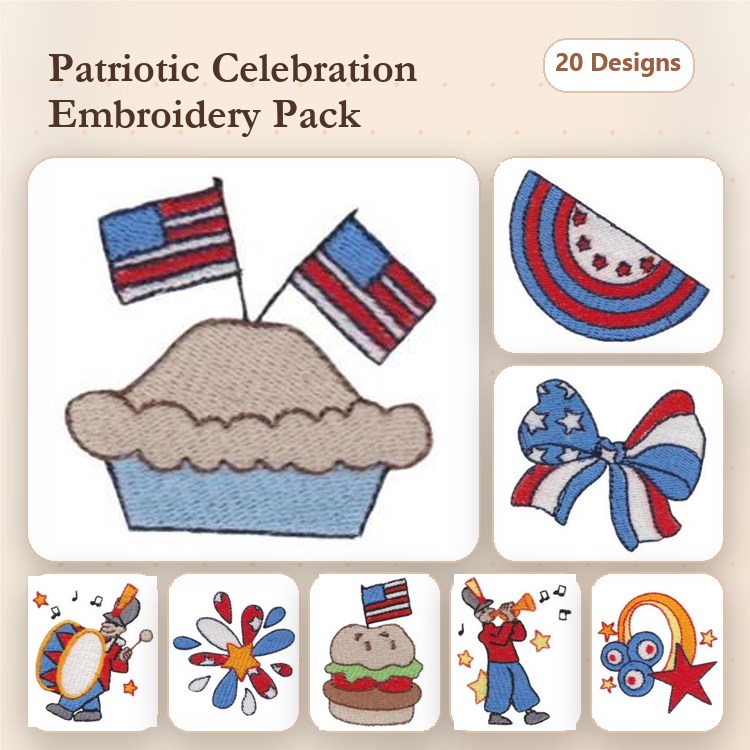 Patriotic Celebration Embroidery Designs Bundle – Cupcake with Flags, Star Spangled Bow, Watermelon Slice & More (20 Designs)