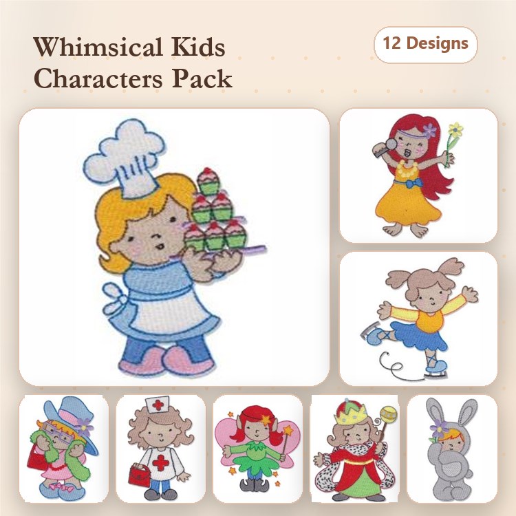 Kids Characters Embroidery Designs Bundle – Baking Girl, Princess Girl, Skating Girl & More (12 Designs)