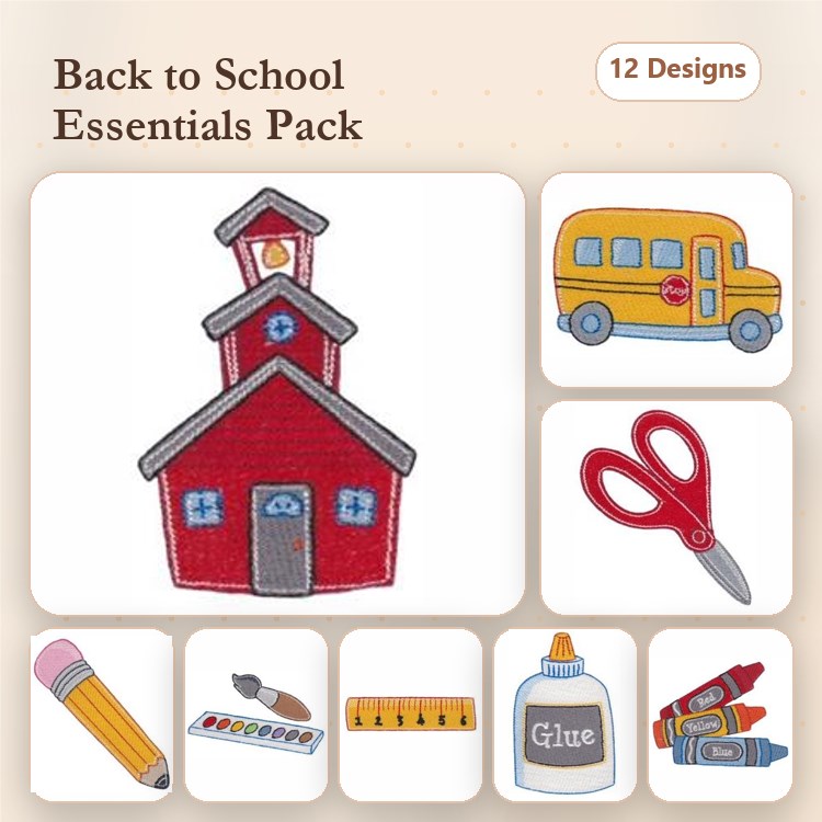 Back to School Essentials Embroidery Designs Bundle – Schoolhouse, Scissors, School Bus & More (12 Designs)