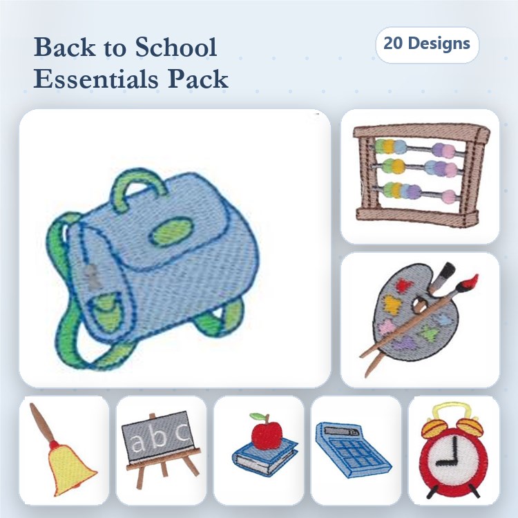 Back to School Essentials Embroidery Designs Bundle – Backpack, Abacus, Palette with Brushes & More (20 Designs)