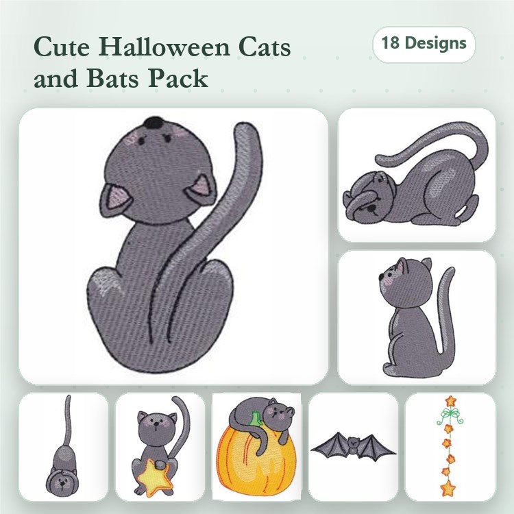Halloween Cats & Bats Embroidery Bundle – Gray Cat Sitting, Gray Cat with Pumpkin, Bat Silhouette & More (18 Designs)