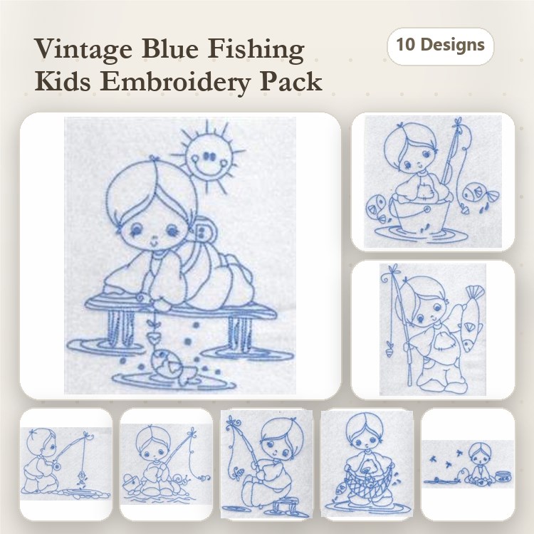 Redwork Children Fishing Embroidery Designs Bundle – Girl Fishing with Fish, Boy Fishing from a Dock & More (10 Designs)