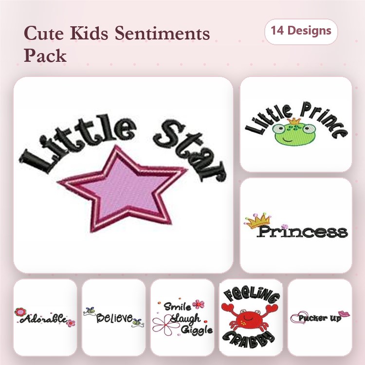 Kids Sentiments Embroidery Designs Bundle – Little Star, Little Prince, Princess & More (14 Designs)