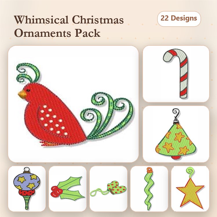 Christmas Ornaments Embroidery Designs Bundle – Red Bird, Candy Cane, Christmas Tree & More (22 Designs)