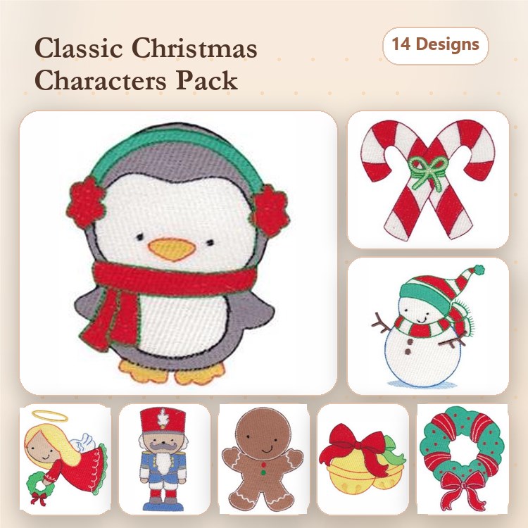 Classic Christmas Characters Embroidery Designs Bundle – Penguin, Snowman, Gingerbread Man & More (14 Designs)