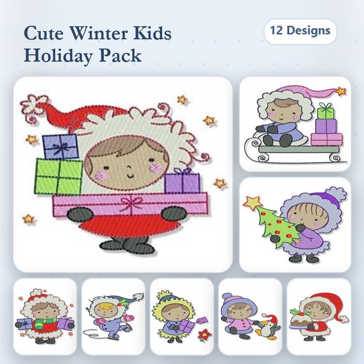 Cute Winter-Themed Kids Embroidery Designs Bundle – Girl with Gifts, Boy on Sled, Girl with Christmas Tree & More (12 Designs)