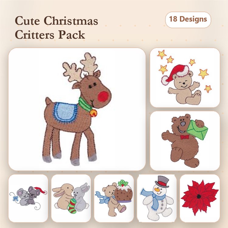 Cute Christmas Animals Embroidery Designs Bundle – Reindeer with Scarf, Bear with Present, Snowman & More (18 Designs)