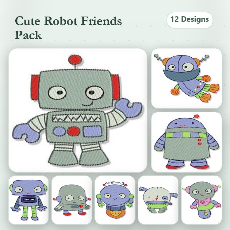 Robot Embroidery Bundle – Fun and Cute Designs (12 Designs)