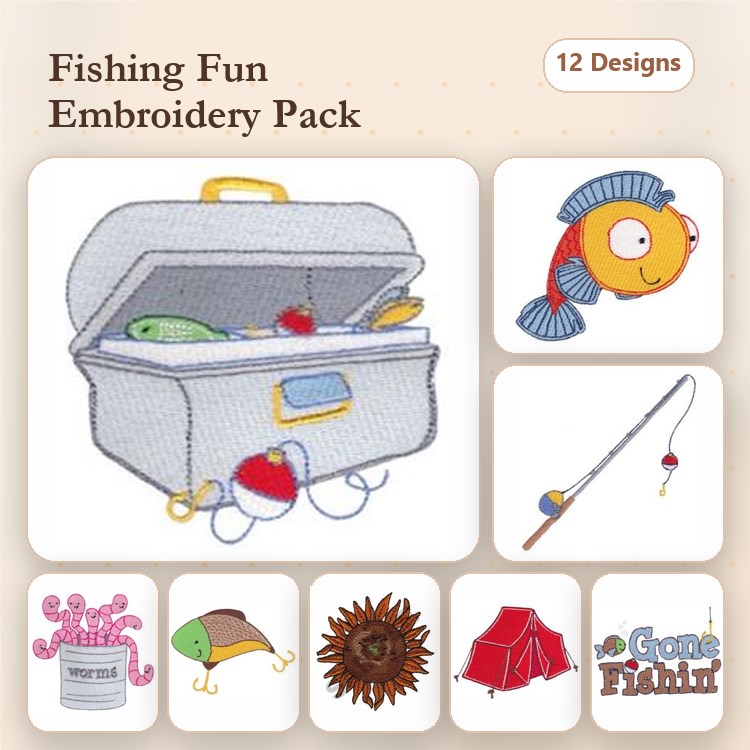 Fishing Themed Embroidery Designs Bundle – Tackle Box, Fish, Fishing Rod & More (12 Designs)