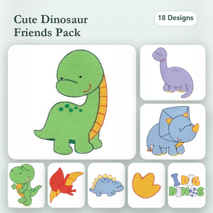 Cute Dinosaur Embroidery Designs Bundle – Green Dinosaur, Purple Dinosaur, Blue Triceratops & More (18 Designs)