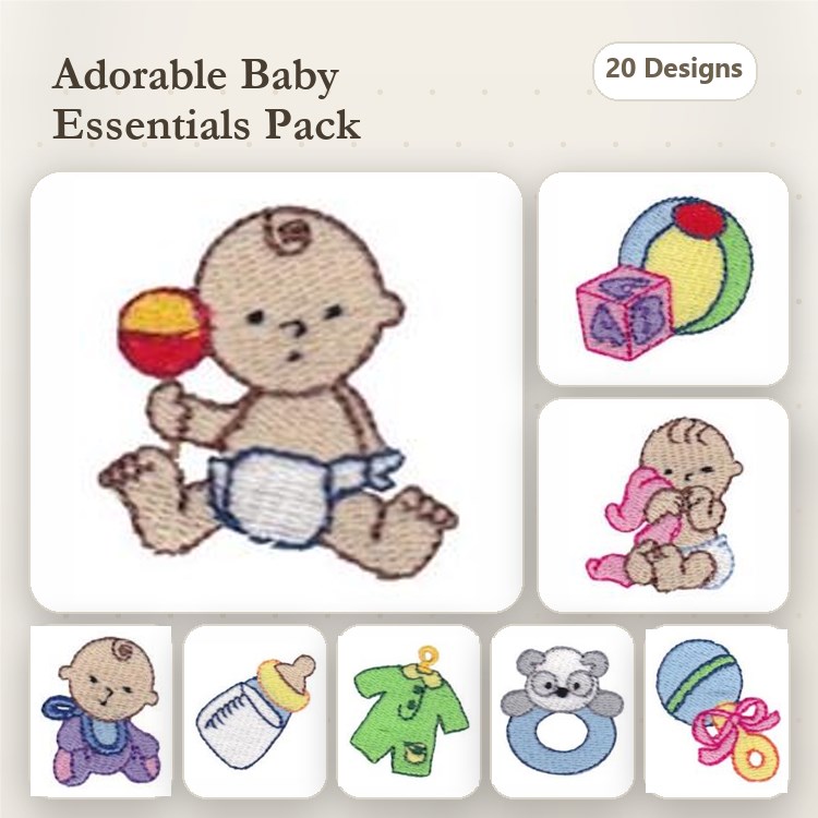 Baby-Themed Embroidery Designs Bundle – Baby with Rattle, Colorful Ball, Stacking Blocks & More (20 Designs)