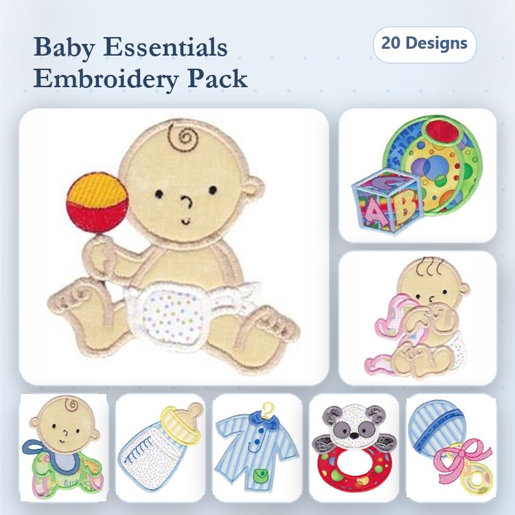 Applique Baby Essentials Embroidery Bundle – Baby with Rattle, ABC Block, Teddy Bear & More (20 Designs)