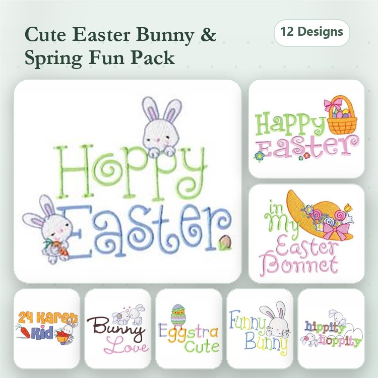 Easter Bunny Embroidery Designs Bundle – Hoppy Easter, Bunny Love, Eggstra Special & More (12 Designs)