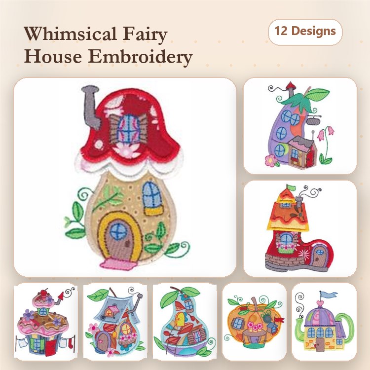Applique Fairy Houses Embroidery Designs Bundle – Red Roof Fairy House, Charming House with Chimney & More (12 Designs)