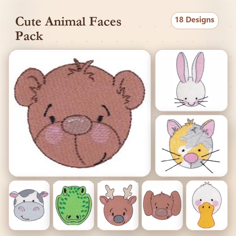 Animal Faces Embroidery Bundle – Cute Designs (18 Designs)