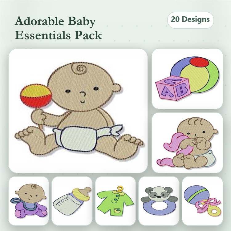 Baby Essentials Embroidery Designs Bundle – Baby with Rattle, Onesie, Teddy Bear & More (20 Designs)