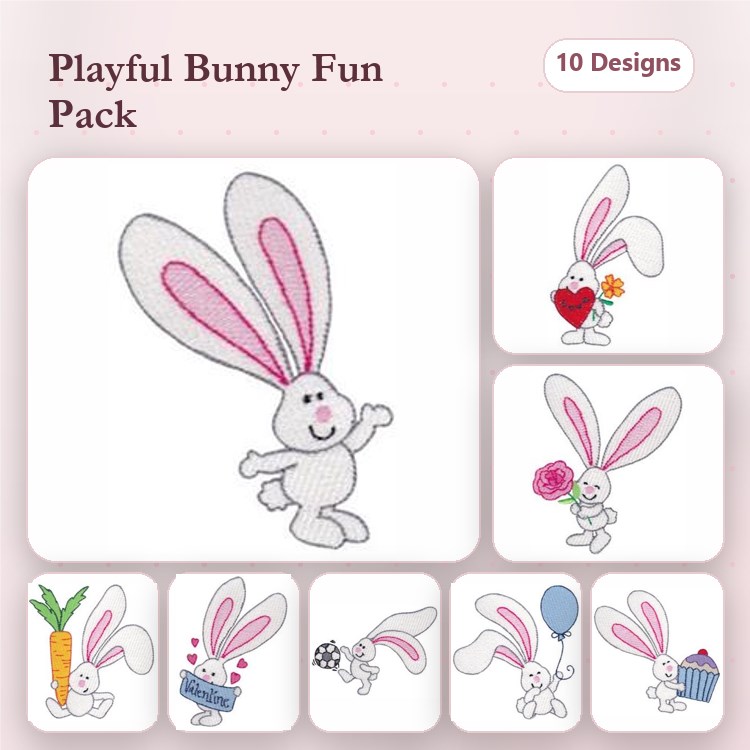 Bunny Embroidery Bundle – Happy Bunny with Heart, Bunny with Carrot, Bunny Dancing & More (10 Designs)