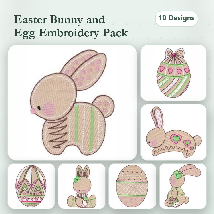 Easter Bunny & Eggs Embroidery Designs Bundle – Easter Bunny, Decorative Easter Egg, Colorful Easter Egg & More (10 Designs)