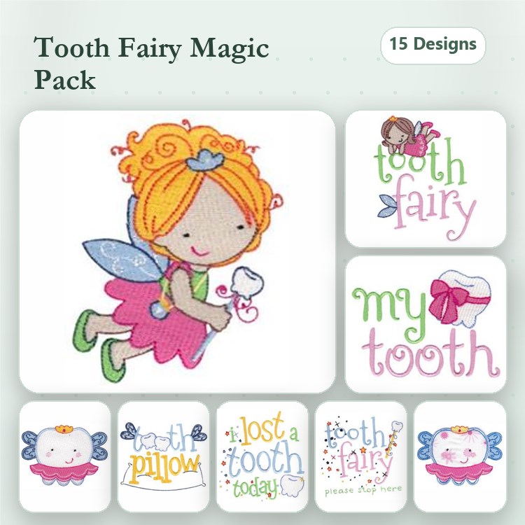 Tooth Fairy Embroidery Designs Bundle – Tooth Fairy Girl, Tooth Pillow, Lost a Tooth Today Text & More (15 Designs)