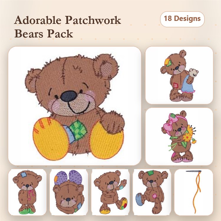 Patchwork Bears Embroidery Designs Bundle – Happy Bear with Green Tie, Bear Holding Flower, & More (18 Designs)