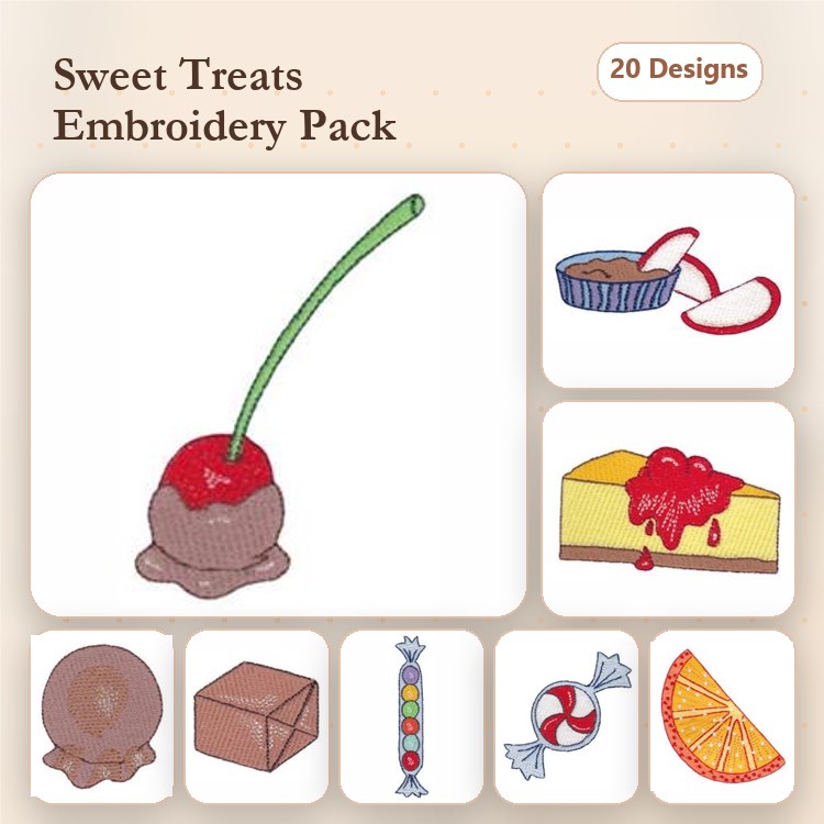 Sweet Treats Embroidery Designs Bundle – Ice Cream Sundae, Chocolate Cake, Strawberry Cheesecake & More (20 Designs)