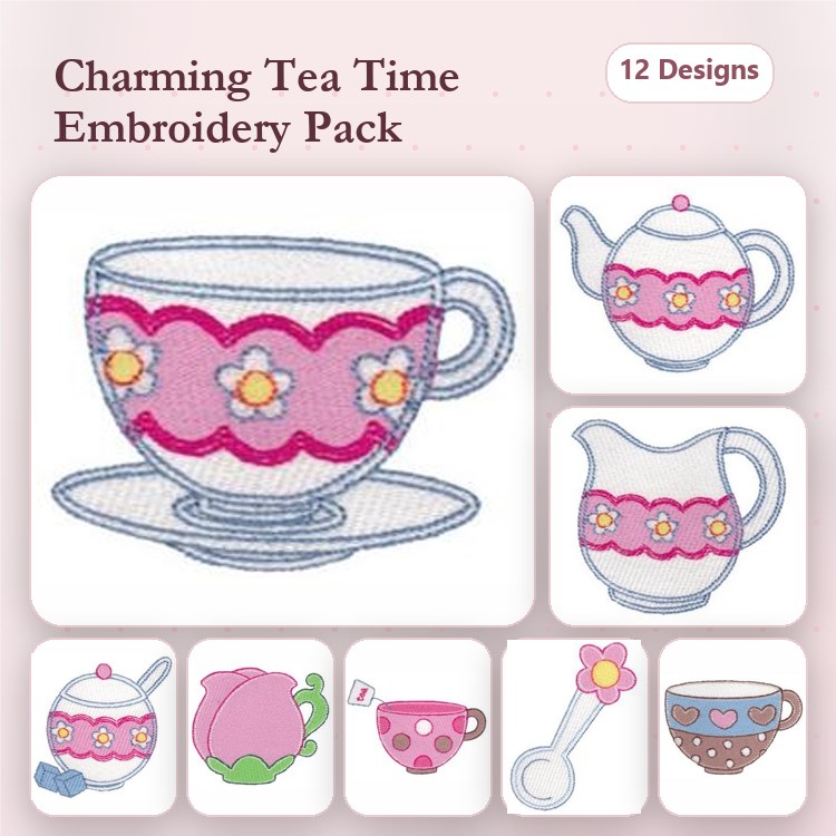 Tea Time Embroidery Designs Bundle – Tea Cup, Tea Pot, Creamer & More (12 Designs)