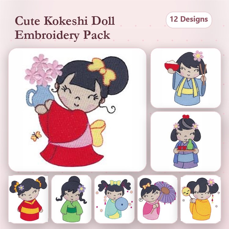 Kokeshi Dolls Embroidery Designs Bundle – Kokeshi Doll with Flowers, Blue Kimono, Red Bowl & More (12 Designs)