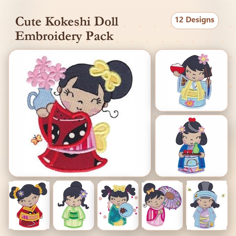 Applique Kokeshi Dolls Embroidery Bundle – Kokeshi Doll with Flowers, Pink Kimono, Tea Set & More (12 Designs)