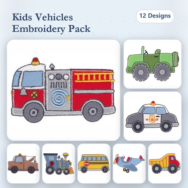 Kids Vehicles Embroidery Designs Bundle – Fire Truck, Police Car, Green Tractor & More (12 Designs)