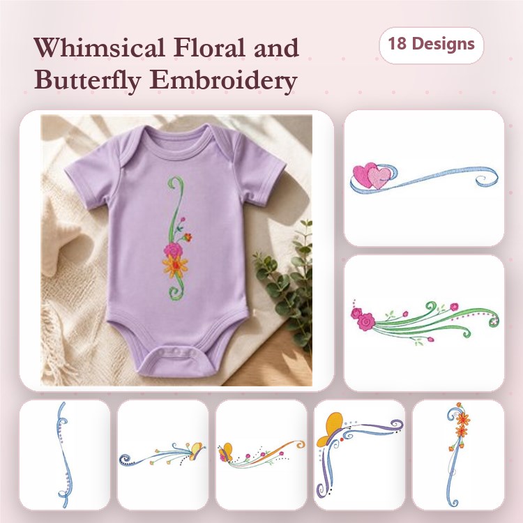Floral & Butterfly Embroidery Designs Bundle – Floral Swirl with Butterfly, Curly Floral Stem, Butterfly with Swirl & More (18 Designs)